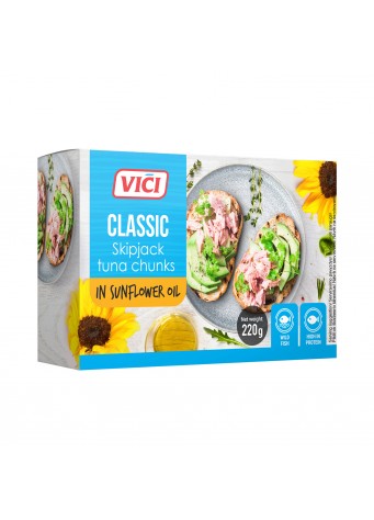 Dryžųjų tunų gabaliukai saulėgrąžų aliejuje, "VIČI" 220g