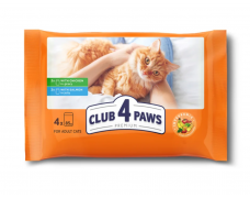 Aukščiausios kokybės šlapias kačių ėdalas su vištiena ir lašiša CLUB 4 PAWS, 4 x 85 g