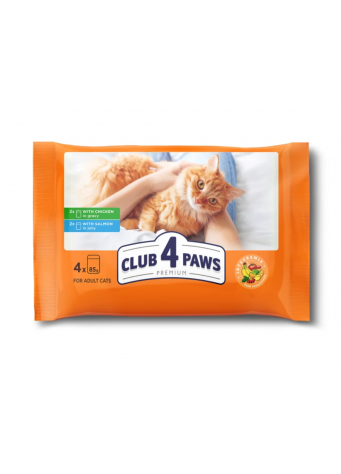 Aukščiausios kokybės šlapias kačių ėdalas su vištiena ir lašiša CLUB 4 PAWS, 4 x 85 g