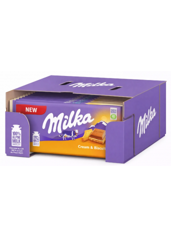 Milka Alpių pieno kremas ir sausainiai su šokoladu 100g x 18vnt dėžė. 1,39€ - vnt