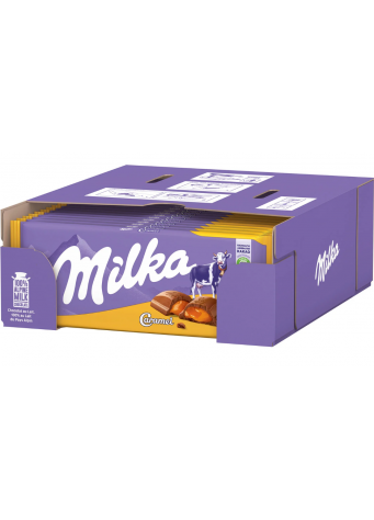 Pieninis šokoladas MILKA su karamelės įdaru, 100g x 23vnt dėžė. 1,39€- vnt