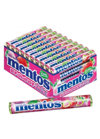 Kramtomieji saldainiai MENTOS STRAWBERRY MIX, braškių skonio, 37.5 g x 40vnt dėžė. 0,49€ vnt 