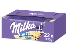 Baltasis šokoladas MILKA su sausainių OREO gabalėliais, 100g x 22vnt dėžė. 1,39€ - vnt. 