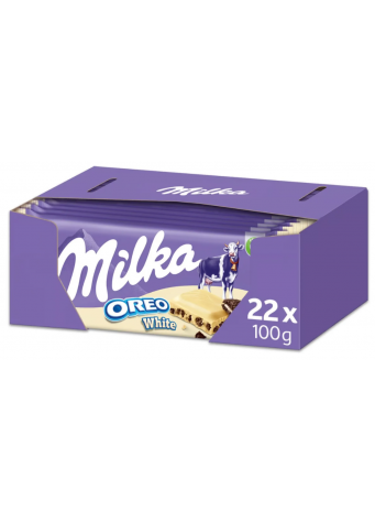 Baltasis šokoladas MILKA su sausainių OREO gabalėliais, 100g x 22vnt dėžė. 1,39€ - vnt. 