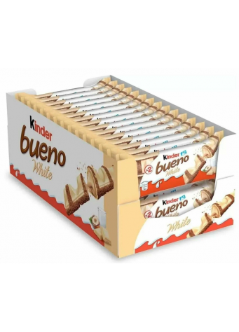 Vafliniai batonėliai KINDER BUENO WHITE su baltu šokoladu 43g x 30 vnt dėžė. 0.85€ vnt